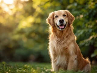 Golden Retriever, shiny golden fur, friendly expression, sitting in a lush green park