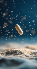 A light beige capsule floats in mid-air above a bed of textured, light-colored grains, surrounded by a soft blue background speckled with small, sparkling particles