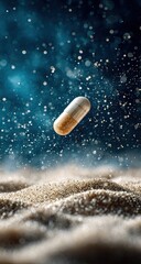 A light beige and white capsule floats amidst a dark, misty backdrop of sand and water droplets
