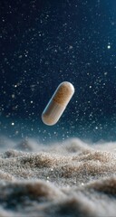 A light beige capsule floats in mid-air, amidst a scattering of glittering particles over a bed of light beige granular material.  Deep indigo-blue background