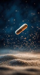 Golden capsule floats above a sandy surface, surrounded by a misty, dark backdrop
