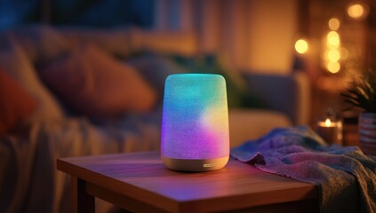 Colorful lamp on a wooden table in a cozy living room at night