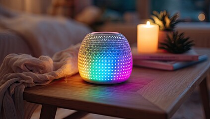 A white, orb-shaped diffuser with colorful LED lights sits on a wooden nightstand, next to a candle and houseplant. Soft lighting and cozy atmosphere