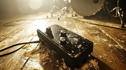 Distinctive Music Pedal on Dusty Stage with Drum Set in Background