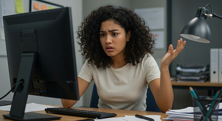 Frustrated young woman looking at broken computer