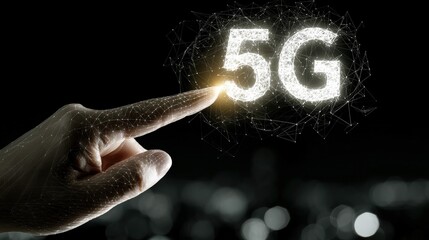 Futuristic finger interacting with mobile wireless network grid, 5G LTE signals and cloud fintech data, blank area on right