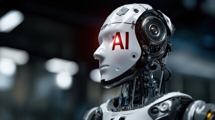 Fototapeta premium Futuristic robot in a dark studio, LED faceplate showing deep concentration, abstract AI symbols in background, right side clear