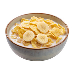 A fresh bowl of cereal with slices of banana, perfect for a healthy breakfast or snack option, Isolated on transparent Background
