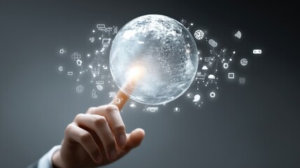 Global tech visualization with hand gesture touching a floating digital sphere, internet and wireless signal icons in motion, top zone clear