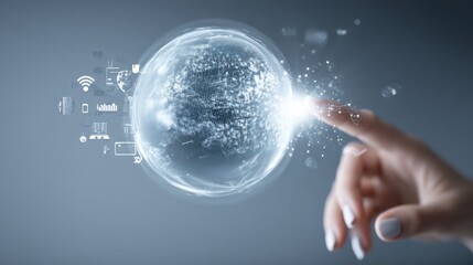 Global tech visualization with hand gesture touching a floating digital sphere, internet and wireless signal icons in motion, top zone clear
