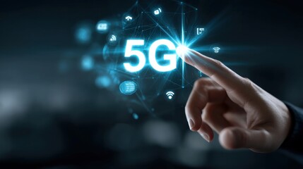 Hand reaching out and touching a glowing digital 5G network interface, with global fintech and blockchain icons floating, space on right for text
