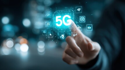 Hand reaching out and touching a glowing digital 5G network interface, with global fintech and blockchain icons floating, space on right for text