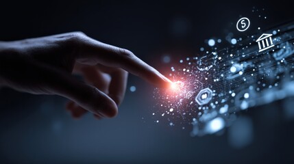 Hand reaching out and touching a glowing digital 5G network interface, with global fintech and blockchain icons floating, space on right for text
