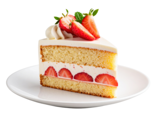 Slice of layered vanilla sponge cake with fresh strawberries and white cream frosting served on plate