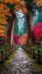 Autumnal path, vibrant colors, stone walkway, Japanese garden