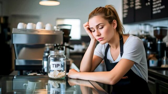 Young woman in a caf? looking concerned while resting her head on her hand near a tip jar