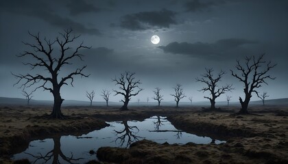 Verlassene Moorlandschaft in der Nacht, durchzogen von gespenstischem Nebel, der sanft über dem sumpfigen Boden schwebt