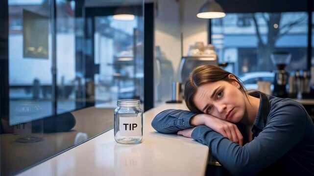 Young woman resting her head on her arms in a caf?, with a tip jar visible on the counter, evening ambiance