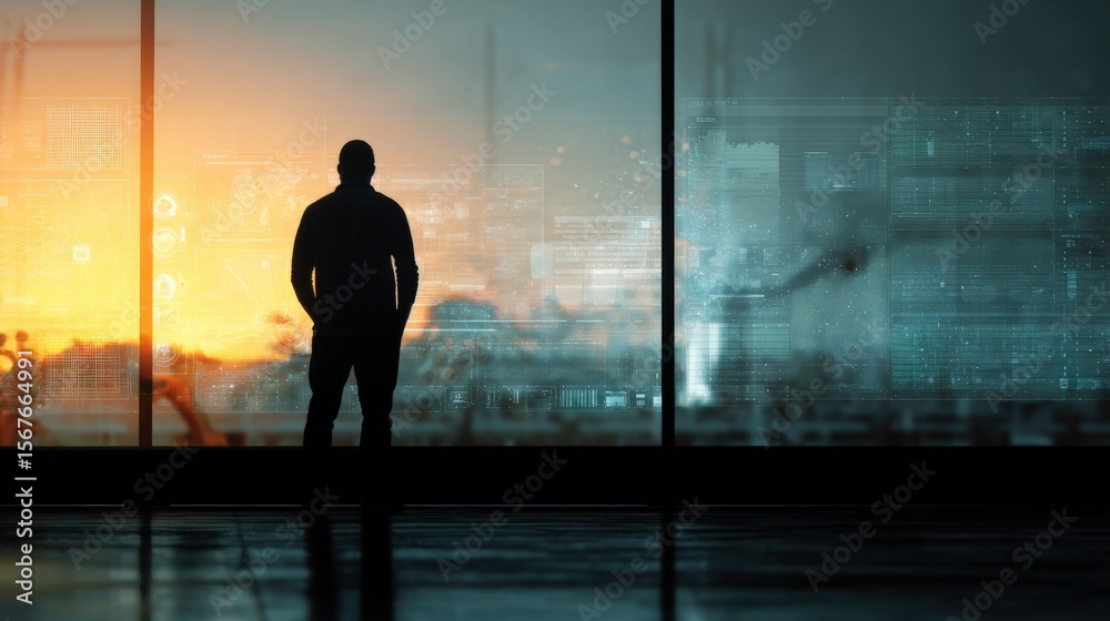 Wall mural industrial automation leader checking robotic machinery via digital dashboard, factory illuminated b