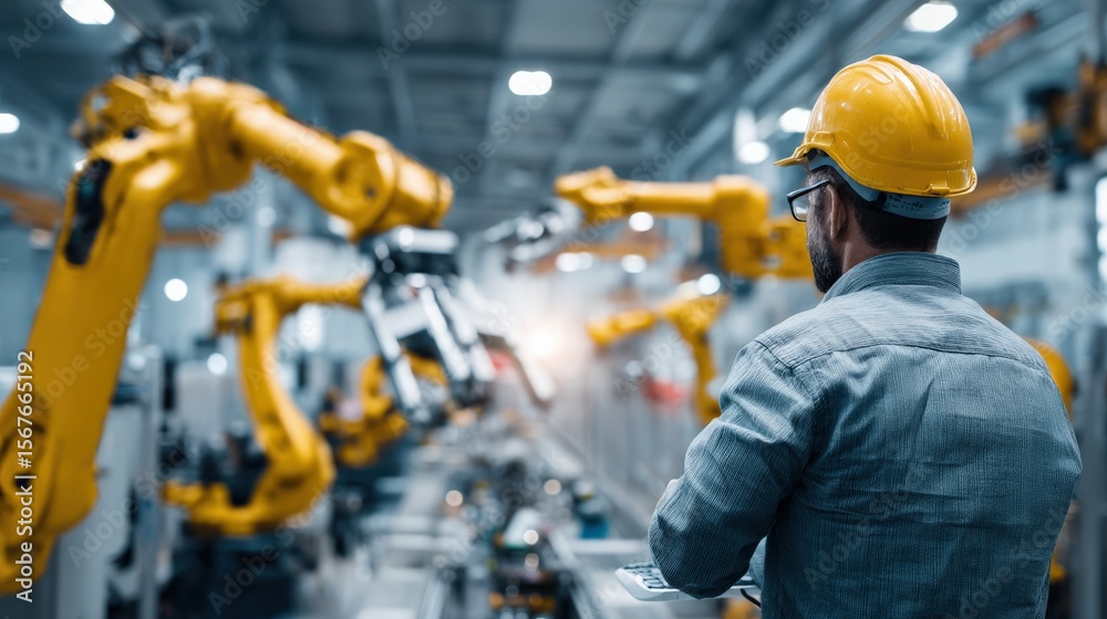 Wall mural industrial manager evaluating ai-controlled robot arms through live monitoring interface, clean ligh