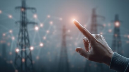 Innovation concept with hand tapping into blockchain system interface, surrounded by 5G towers and fintech data streams, right side space