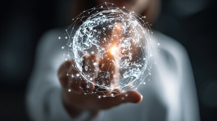 Light-filled futuristic digital network with woman hand extending toward floating data grid, polygon mesh globe above, space for overlay