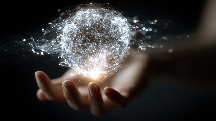 Light-filled futuristic digital network with woman hand extending toward floating data grid, polygon mesh globe above, space for overlay