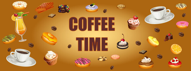 set of sweet confectionery products for coffee and orange juice with letters on a brown background.Long.eps