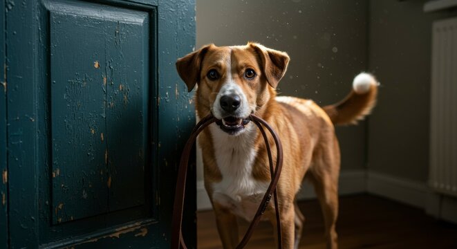 Dog with leash in room