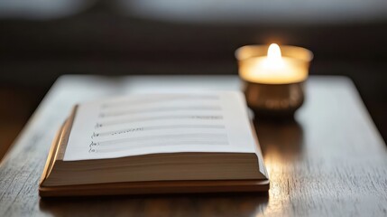 Soft Candle Light Illuminates Open Book on Wooden Table Surface