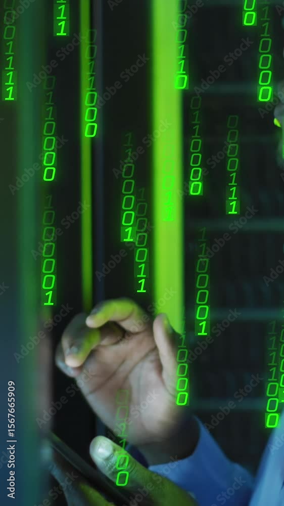 Poster animation of binary coding over african american male it engineer and computer servers