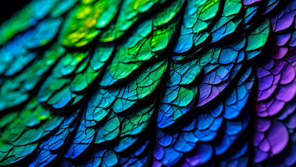 Vibrant iridescent bird feathers close up texture background