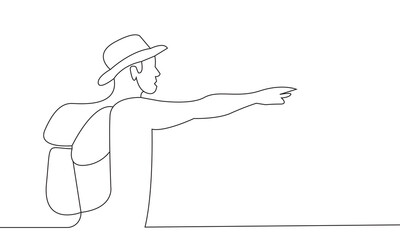Travel theme continuous line drawing of a determined man, poised at the edge of an unseen adventure wearing hat and backpack