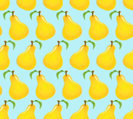 seamless pattern with pear and green leaves on a  blue background.Close-up, isolated.eps