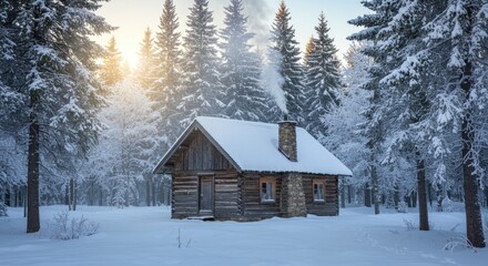 Snow Covered Wooden Cabin Amidst Snowy Forest Under Cloudy Sky During Sunset