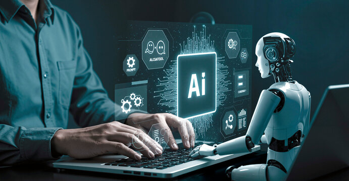  A man uses a laptop and an AI assistant control panel. Artificial intelligence technology for analyzing and exploiting data. Data streams flow from the laptop keyboard. Human and robot collaboration.