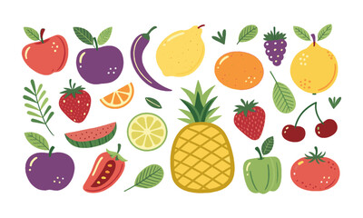 A flat vector-style illustration of a variety of fruits and vegetables, including apples, lemons, pineapples, strawberries, peppers, tomatoes, a set of fruits and vegetables, easily editable.