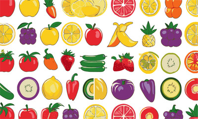 A flat vector-style illustration of a variety of fruits and vegetables, including apples, lemons, pineapples, strawberries, peppers, tomatoes, a set of fruits and vegetables, easily editable.