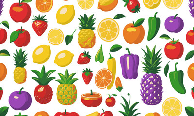 A flat vector-style illustration of a variety of fruits and vegetables, including apples, lemons, pineapples, strawberries, peppers, tomatoes, a set of fruits and vegetables, easily editable.