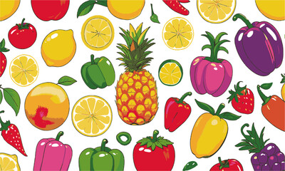 A flat vector-style illustration of a variety of fruits and vegetables, including apples, lemons, pineapples, strawberries, peppers, tomatoes, a set of fruits and vegetables, easily editable.