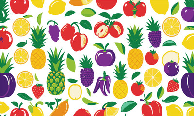A flat vector-style illustration of a variety of fruits and vegetables, including apples, lemons, pineapples, strawberries, peppers, tomatoes, a set of fruits and vegetables, easily editable.
