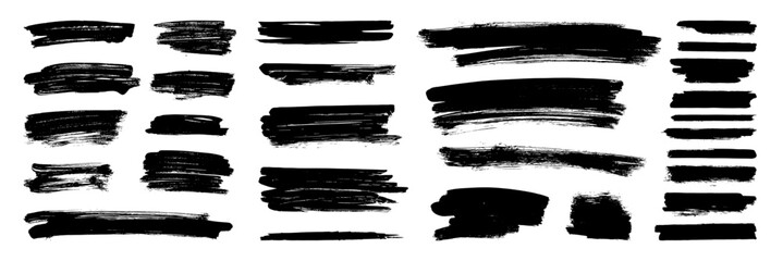 Brush paint stroke set. Black stain texture background abstract vector ink splashes. rough paintbrush mark sketch shape frames. Watercolor smears, marker lines. Charcoal streaks. Bold grungy scribbles