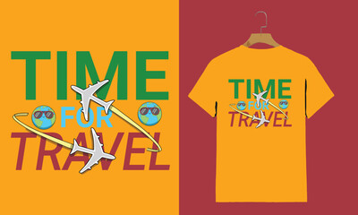 Time for Travel Typography T-shirt Design with Plane and Globe Icons


