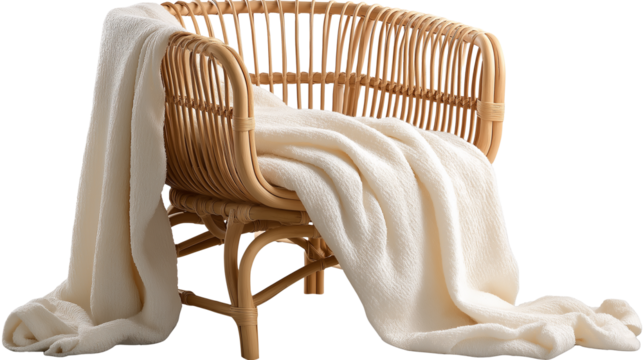 Wicker chair with linen throw blanket, interior design element, top-down aesthetic, PNG on white