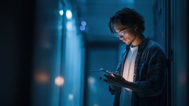 Portrait of focused young male technician using digital tablet beside glowing blue server cabinet, modern supercomputer room, space on right for text
