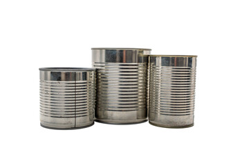 Three empty cans of different sizes stand next to each other on a transparent background. The shiny...