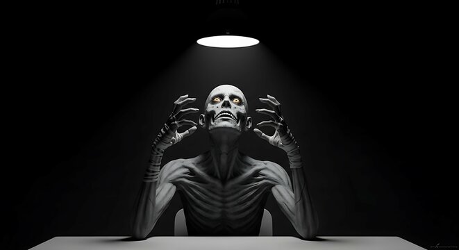 A gaunt emaciated figure with glowing yellow eyes and bandaged limbs sits under a harsh overhead light looking distressed