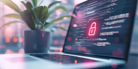 Laptop displaying cloud security interface on screen with green plant background