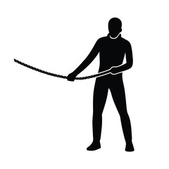 Black silhouette of person pulling thick rope woman