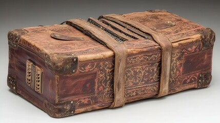 Vintage leather suitcase with intricate design and weathered texture